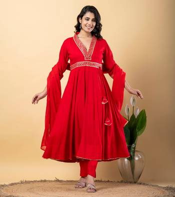 Red bijiya work rayon anarkali with bottom & dupatta set 1