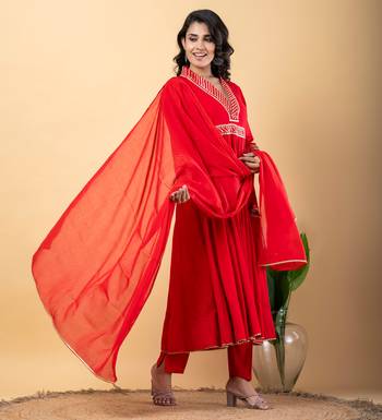Red bijiya work rayon anarkali with bottom & dupatta set 3