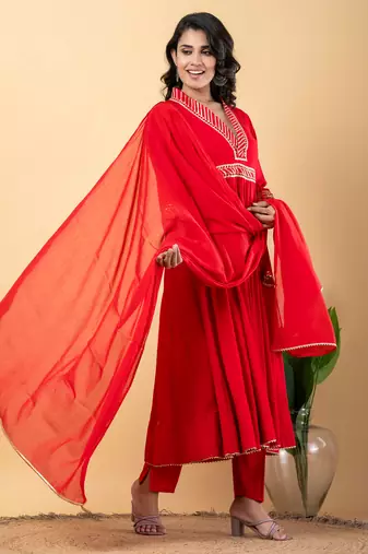 Red bijiya work rayon anarkali with bottom & dupatta set
