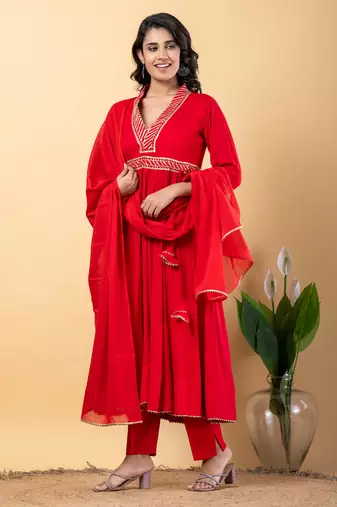 Red bijiya work rayon anarkali with bottom & dupatta set
