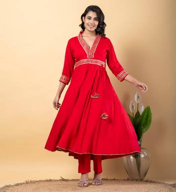 Red bijiya work rayon anarkali with bottom & dupatta set 5
