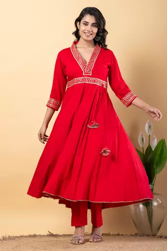 Red bijiya work rayon anarkali with bottom & dupatta set
