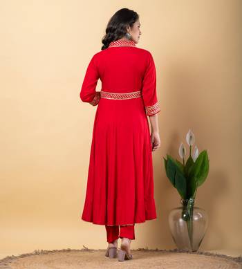 Red bijiya work rayon anarkali with bottom & dupatta set 6