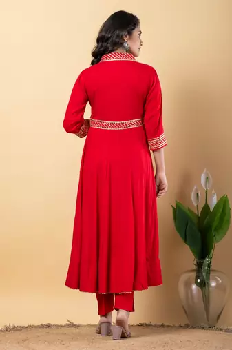 Red bijiya work rayon anarkali with bottom & dupatta set