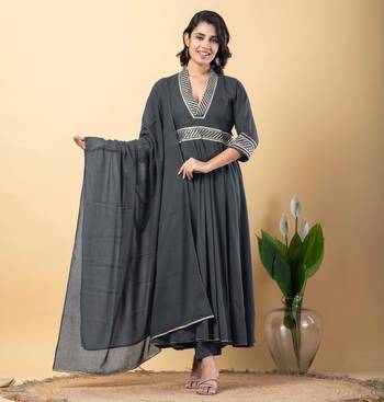 Grey bijiya work rayon anarkali with bottom & dupatta set 1