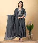 Grey bijiya work rayon anarkali with bottom & dupatta set