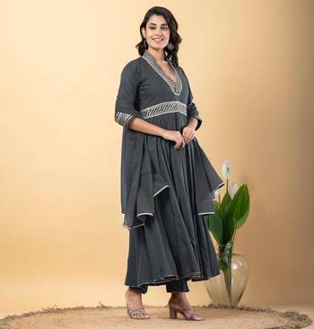 Grey bijiya work rayon anarkali with bottom & dupatta set 2