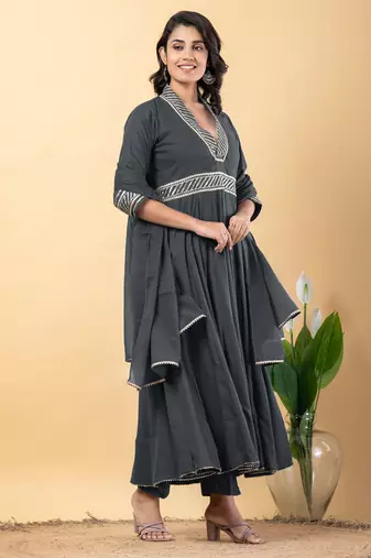 Grey bijiya work rayon anarkali with bottom & dupatta set
