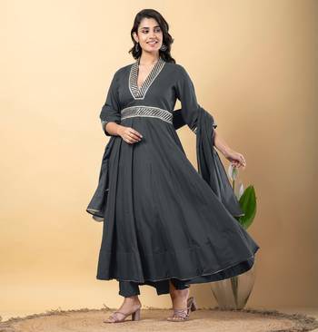 Grey bijiya work rayon anarkali with bottom & dupatta set 3