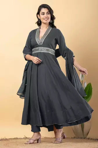 Grey bijiya work rayon anarkali with bottom & dupatta set