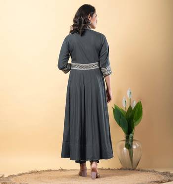 Grey bijiya work rayon anarkali with bottom & dupatta set 4