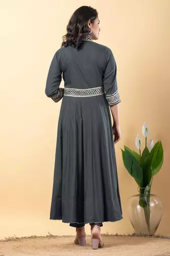 Grey bijiya work rayon anarkali with bottom & dupatta set