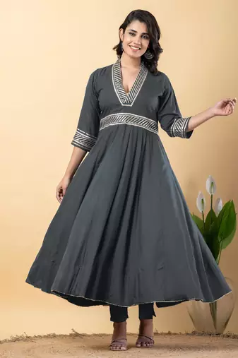 Grey bijiya work rayon anarkali with bottom & dupatta set