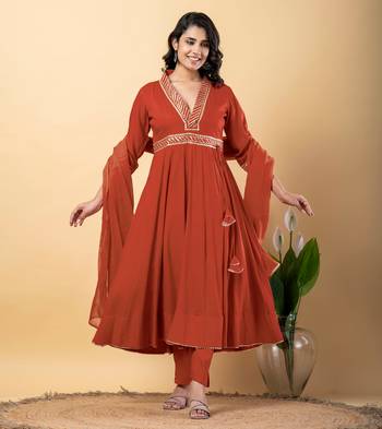 Peach bijiya work rayon anarkali with bottom & dupatta set 1