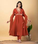 Peach bijiya work rayon anarkali with bottom & dupatta set
