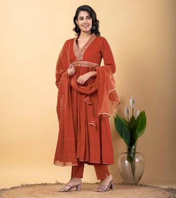 Peach bijiya work rayon anarkali with bottom & dupatta set 2