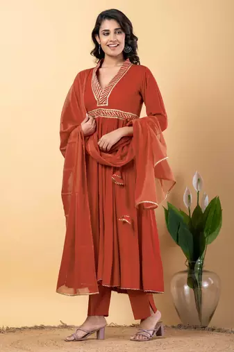 Peach bijiya work rayon anarkali with bottom & dupatta set