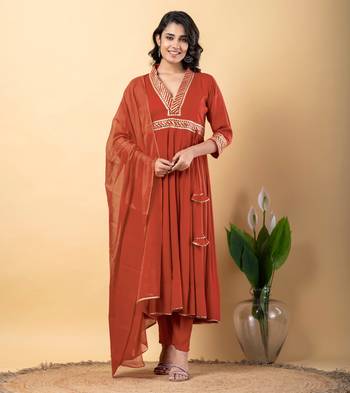 Peach bijiya work rayon anarkali with bottom & dupatta set 3