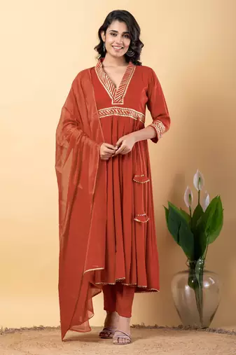 Peach bijiya work rayon anarkali with bottom & dupatta set