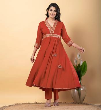 Peach bijiya work rayon anarkali with bottom & dupatta set 4