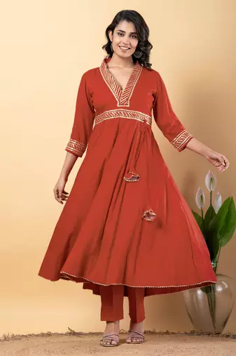 Peach bijiya work rayon anarkali with bottom & dupatta set
