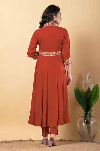 Peach bijiya work rayon anarkali with bottom & dupatta set