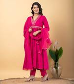 Peach bijiya work rayon anarkali with bottom & dupatta set