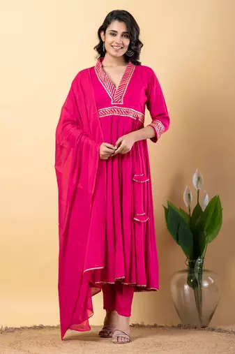 Peach bijiya work rayon anarkali with bottom & dupatta set