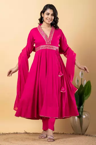 Peach bijiya work rayon anarkali with bottom & dupatta set