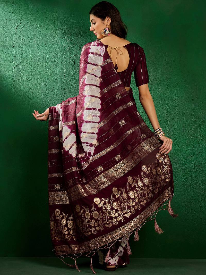 Wine staple cotton saree with tie-dye bandhani pattern