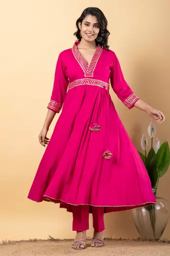 Peach bijiya work rayon anarkali with bottom & dupatta set