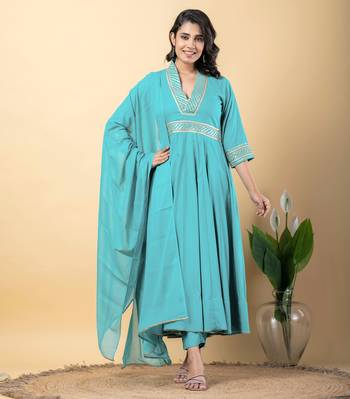 Blue bijiya work rayon anarkali with bottom & dupatta set 1