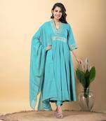 Blue bijiya work rayon anarkali with bottom & dupatta set