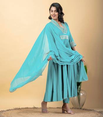 Blue bijiya work rayon anarkali with bottom & dupatta set 2