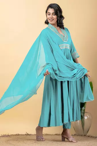 Blue bijiya work rayon anarkali with bottom & dupatta set