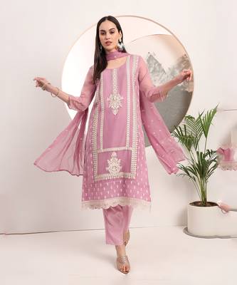 lavender embroidery poly chiffon straight kurta dupatta set 1