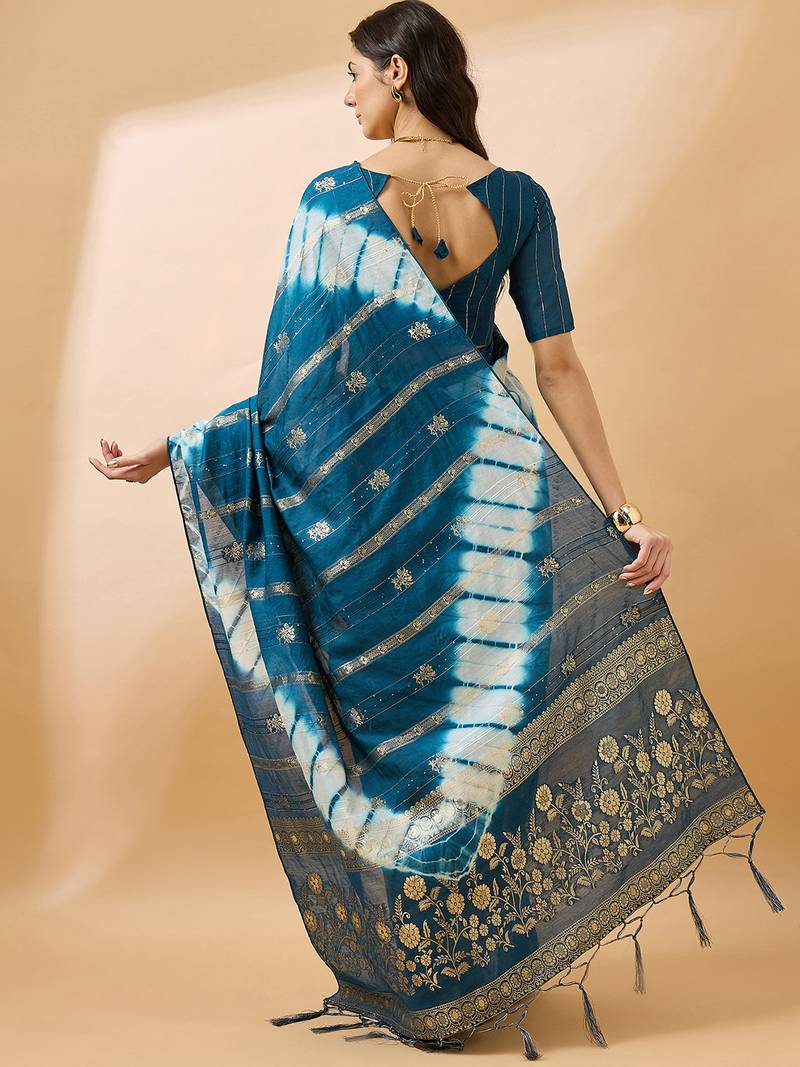 Teal blue staple cotton saree with tie-dye bandhani pattern