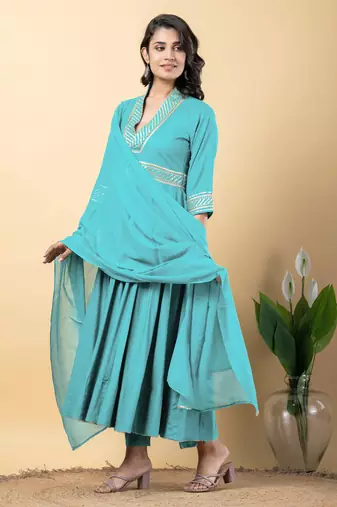 Blue bijiya work rayon anarkali with bottom & dupatta set