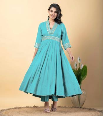 Blue bijiya work rayon anarkali with bottom & dupatta set 4