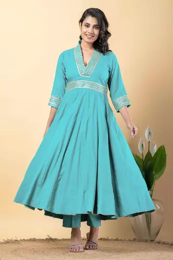 Blue bijiya work rayon anarkali with bottom & dupatta set