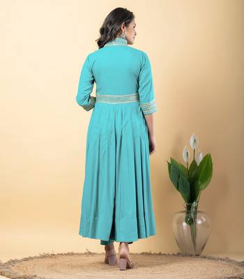 Blue bijiya work rayon anarkali with bottom & dupatta set 5