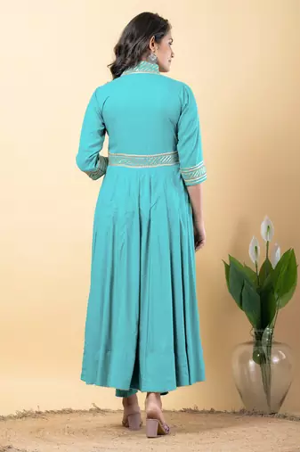 Blue bijiya work rayon anarkali with bottom & dupatta set
