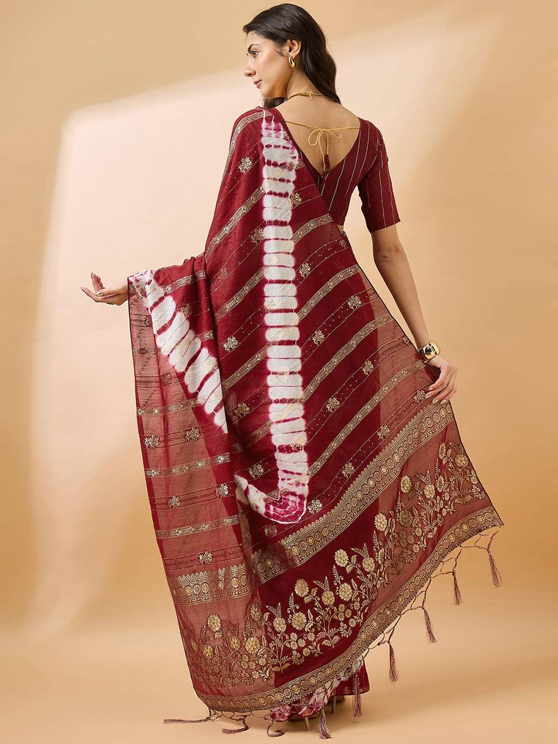 Maroon staple cotton saree with tie-dye bandhani pattern