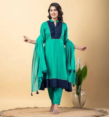 Green bijiya work rayon a-line kurta with bottom & dupatta set 1