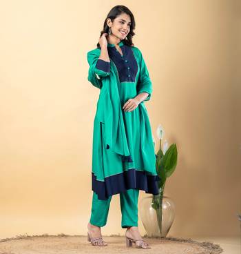 Green bijiya work rayon a-line kurta with bottom & dupatta set 3