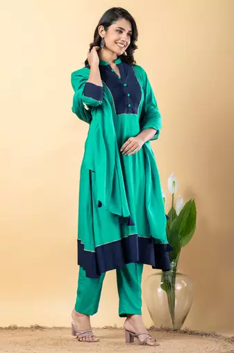 Green bijiya work rayon a-line kurta with bottom & dupatta set