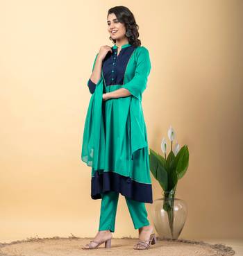 Green bijiya work rayon a-line kurta with bottom & dupatta set 4