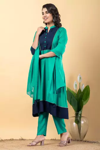 Green bijiya work rayon a-line kurta with bottom & dupatta set