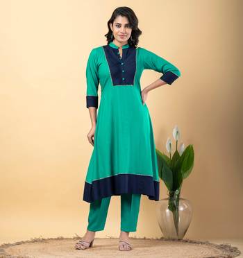 Green bijiya work rayon a-line kurta with bottom & dupatta set 5