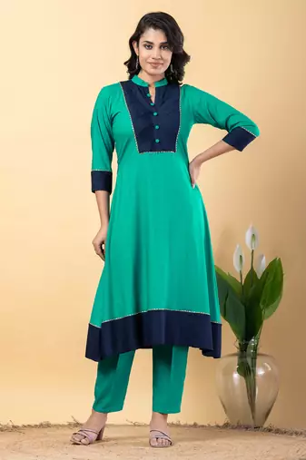 Green bijiya work rayon a-line kurta with bottom & dupatta set